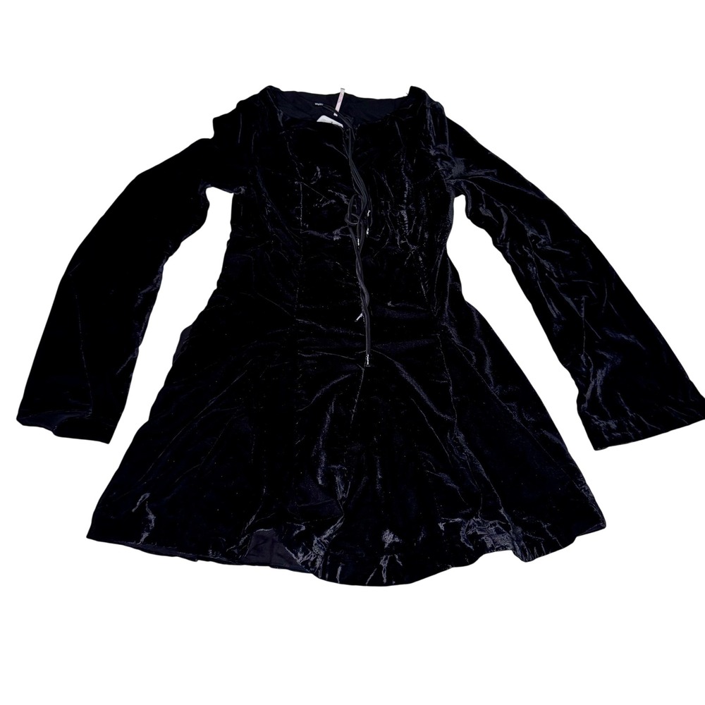 Free‎ People Black Velvet Lace Up Mini Dress Bell Sleeve Size 4 OB2379573